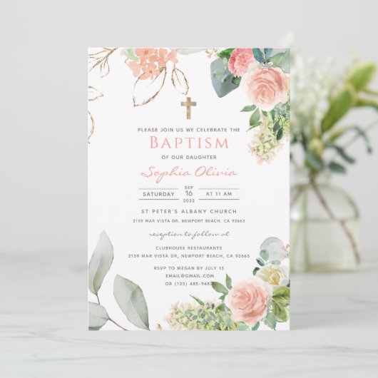 Blush Roses Baptisme Invitation Kaart (Staand voorkant)