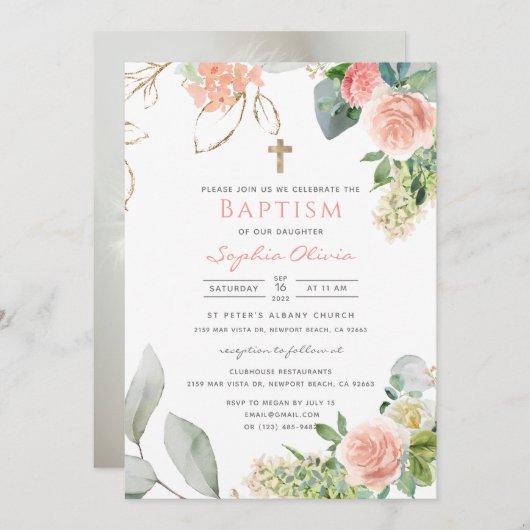 Blush Roses Baptisme Invitation Kaart (Voorkant / Achterkant)