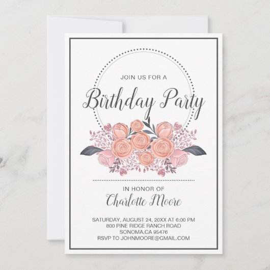 Blush Roses Birthday Party Invitation Kaart (Voorkant)