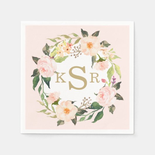  Blush Roses Bloemenkrans Monogrammed Servetten (Voorkant)