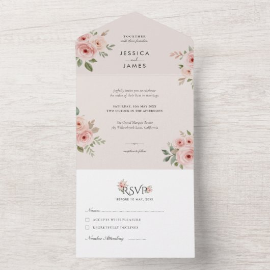 Blush Roses Editable Elegant Wedding  All In One Uitnodiging (Binnen)