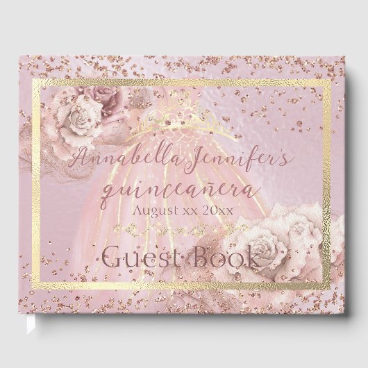 Blush Roses en Gold Quinceañera Gastenboek (Voorkant)