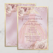 Blush Roses en Gold Quinceañera Kaart (Voorkant / Achterkant)