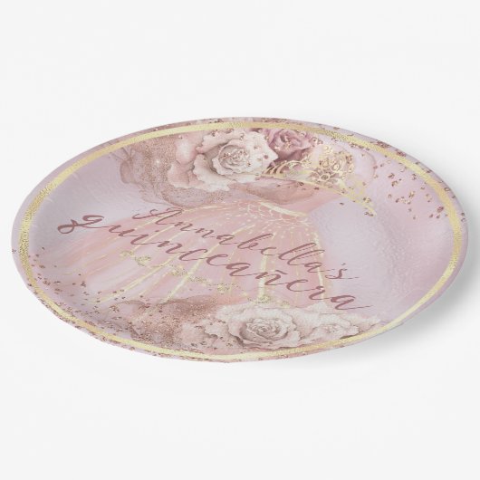 Blush Roses en Gold Quinceañera Papieren Bordje (Gekanteld)