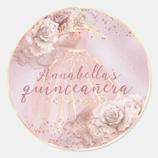Blush Roses en Gold Quinceañera Ronde Sticker (Voorkant)