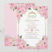 Blush Roses en Gold Tiara Floral Quinceanera Kaart (Voorkant / Achterkant)