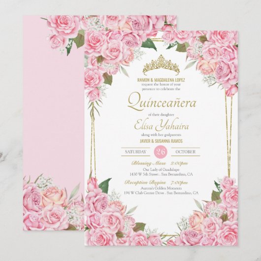 Blush Roses en Gold Tiara Floral Quinceanera Kaart (Voorkant / Achterkant)