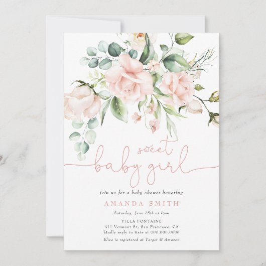 Blush Roses Eucalyptus Girl Baby shower Kaart (Voorkant)