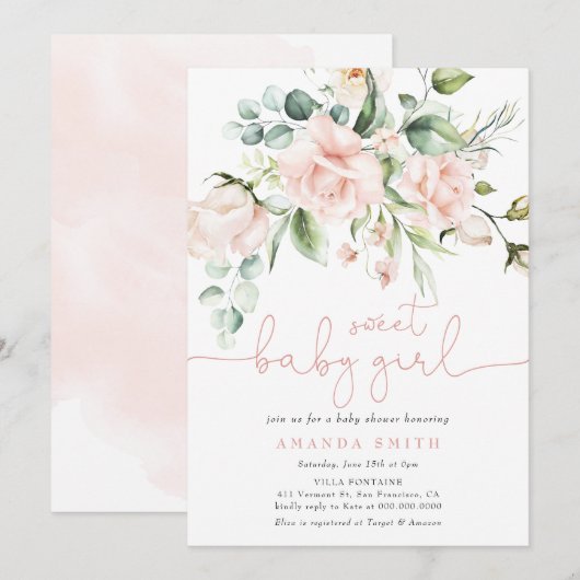 Blush Roses Eucalyptus Girl Baby shower Kaart (Voorkant / Achterkant)