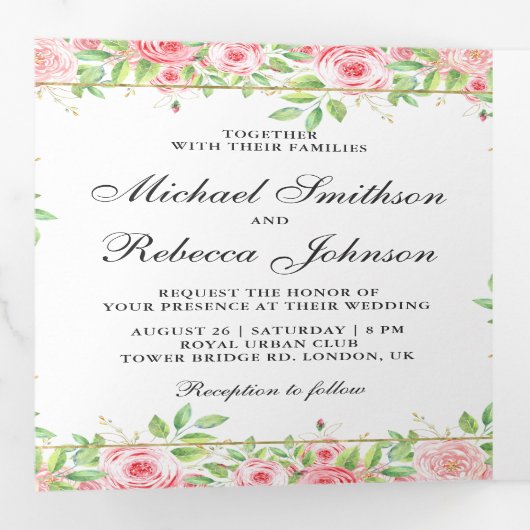 Blush Roses Floral Photo Collage Weddenschap Drieluik Uitnodiging (Binnenzijde eerst)