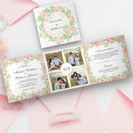 Blush Roses Floral Photo Collage Weddenschap Drieluik Uitnodiging