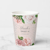 Blush Roses Floral Silver Glitter Sweet 16 Papieren Bekers (Achterkant)