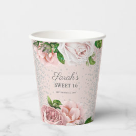 Blush Roses Floral Silver Glitter Sweet 16 Papieren Bekers