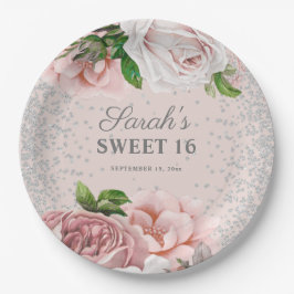 Blush Roses Floral Silver Glitter Sweet 16 Papieren Bordje