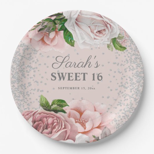 Blush Roses Floral Silver Glitter Sweet 16 Papieren Bordje (Voorkant)