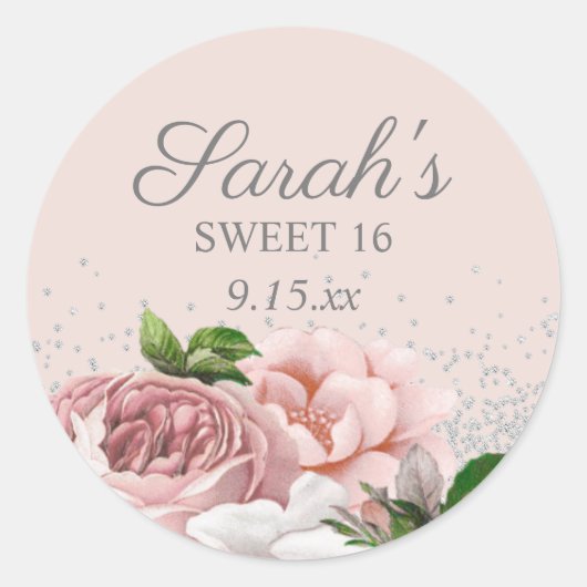 Blush Roses Floral Silver Glitter Sweet 16 Ronde Sticker (Voorkant)