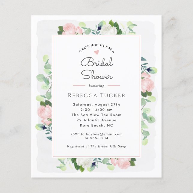 Blush Roses Greenery Bridal Shower Invitation (Voorkant)