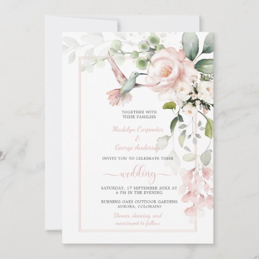 Blush Roses, Hummingbird en Sage Greenery Kaart (Voorkant)