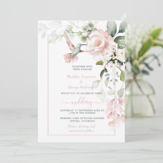 Blush Roses, Hummingbird en Sage Greenery Kaart (Staand voorkant)