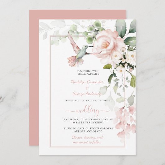 Blush Roses, Hummingbird en Sage Greenery Kaart (Voorkant / Achterkant)