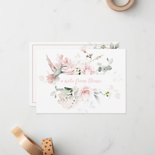 Blush Roses, Hummingbird, Sage Green Greenery Notitiekaartje (Voorkant / Achterkant in situ)