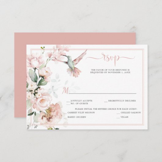 Blush Roses, Hummingbird, Sage Green Greenery RSVP Kaartje (Voorkant / Achterkant)