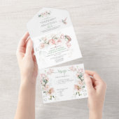 Blush Roses Hummingbird Sage Green Wedding All In One Uitnodiging (Afscheurbaar)