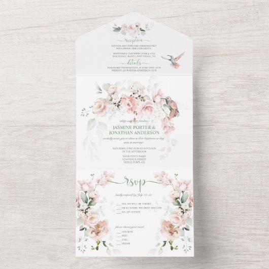 Blush Roses Hummingbird Sage Green Wedding All In One Uitnodiging (Binnen)