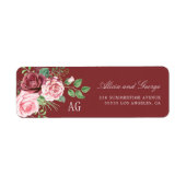 Blush Roses Monogrammed Burgundy Wedding Etiket (Voorkant)