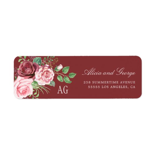 Blush Roses Monogrammed Burgundy Wedding Etiket (Voorkant)