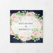 Blush Roses Navy Blue Photo Collage Weddenschap Drieluik Uitnodiging (Cover)