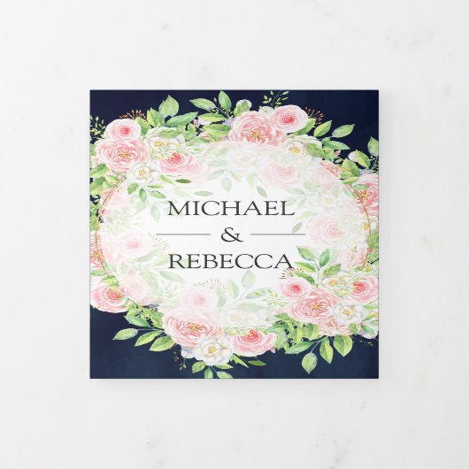 Blush Roses Navy Blue Photo Collage Weddenschap Drieluik Uitnodiging (Cover)