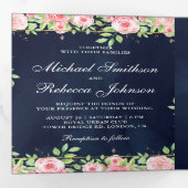 Blush Roses Navy Blue Photo Collage Weddenschap Drieluik Uitnodiging (Binnenzijde eerst)