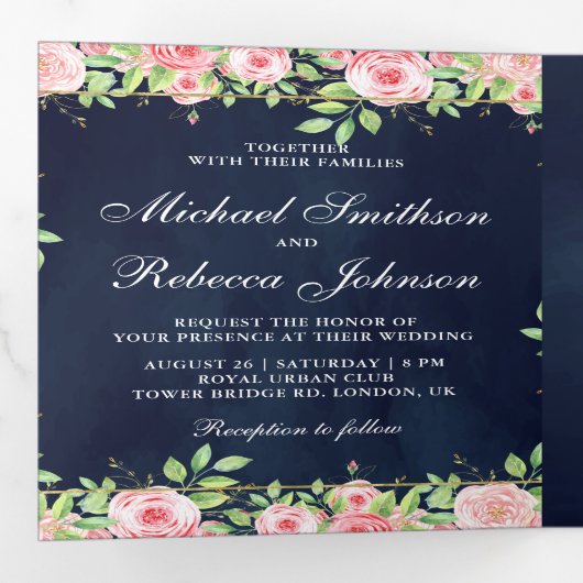 Blush Roses Navy Blue Photo Collage Weddenschap Drieluik Uitnodiging (Binnenzijde eerst)