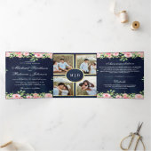 Blush Roses Navy Blue Photo Collage Weddenschap Drieluik Uitnodiging (Binnen)