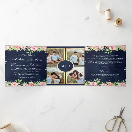 Blush Roses Navy Blue Photo Collage Weddenschap Drieluik Uitnodiging (Binnen)