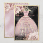 Blush Roses op BLack & Gold Quinceañera Kaart (Voorkant / Achterkant)