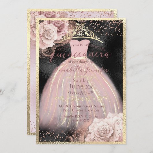 Blush Roses op BLack & Gold Quinceañera Kaart (Voorkant / Achterkant)