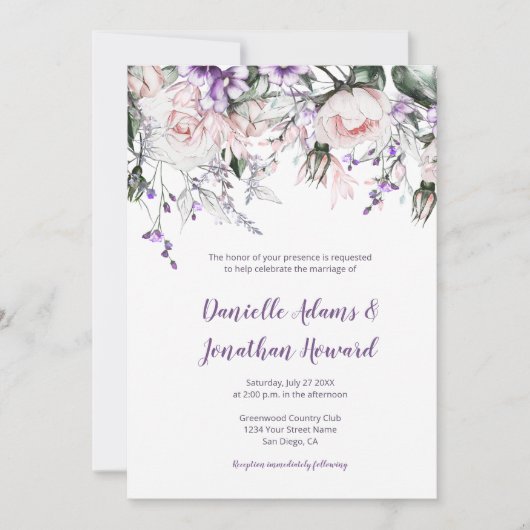 Blush Roses Paarse wilde bloemen bruiloft Kaart (Voorkant)