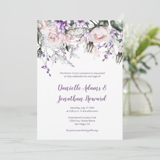 Blush Roses Paarse wilde bloemen bruiloft Kaart (Staand voorkant)