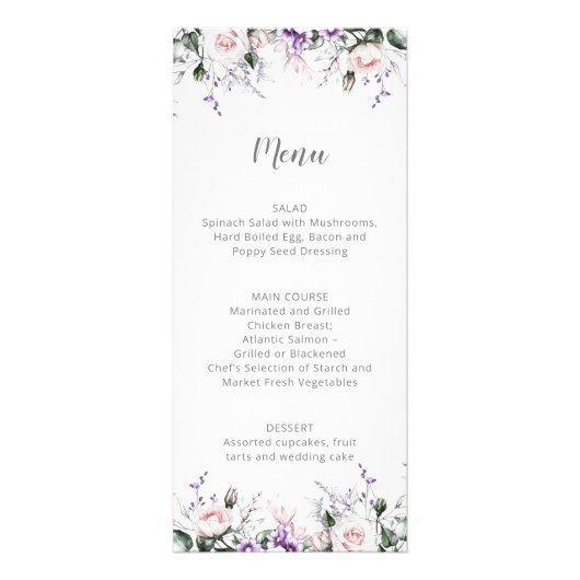 Blush Roses Paarse wilde bloemen bruiloft | Menu (Voorkant)