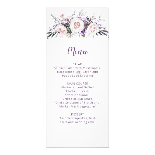 Blush Roses Paarse wilde bloemen bruiloft | Menu (Voorkant)