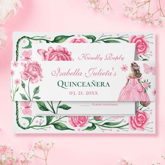 Blush Roses Princess Butterfly Quinceañera Uitnodigingen Wikkel