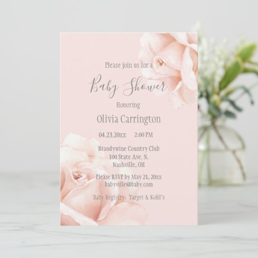 Blush Roses Script Baby shower Kaart (Staand voorkant)