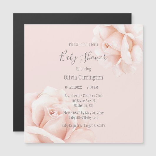 Blush Roses Script Baby shower Magnetische Uitnodiging (Voorkant / Achterkant)