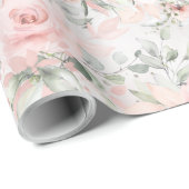 Blush Roses Silver Eucalyptus Greenery Floral Cadeaupapier (Rol Hoek)
