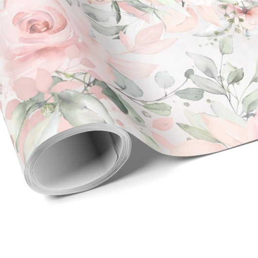 Blush Roses Silver Eucalyptus Greenery Floral Cadeaupapier (Rol Hoek)