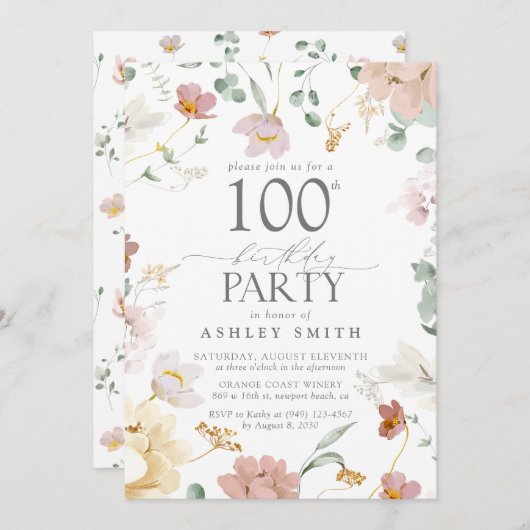 Blush Roze 100e Verjaardagsfeestje Waterverf Flowe Kaart (Voorkant / Achterkant)