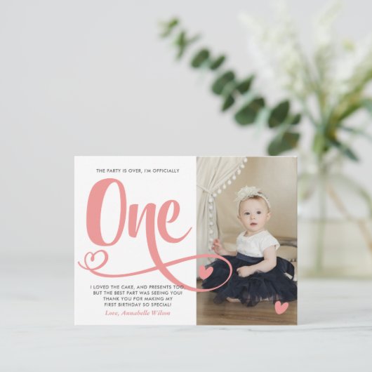 Blush roze 1e verjaardag Dank je Briefkaart (Staand voorkant)