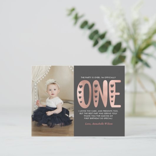 Blush roze 1e verjaardag Dank u Briefkaart (Staand voorkant)